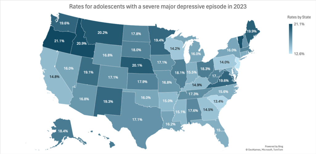 map of the United States showing the rates of adolescents with a major depressive episode in 2023 by state