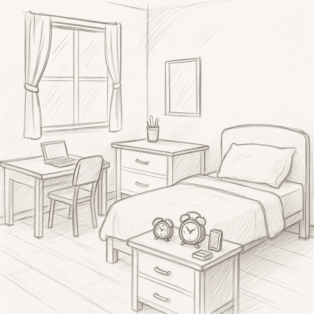 A teen room with desk, bed, mirror, alarm clock and other places where medication reminders could go